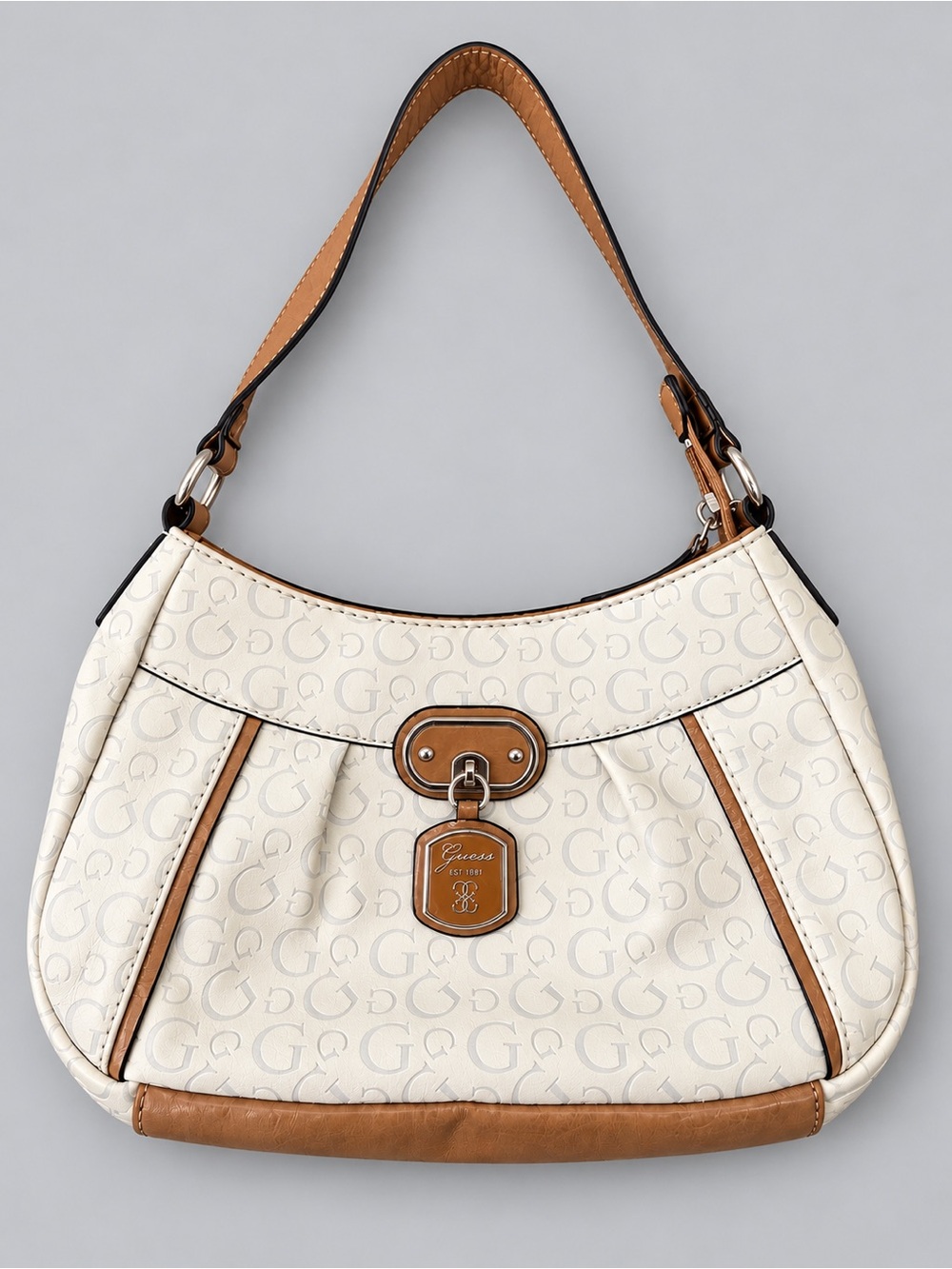 Y2K Guess Monogram Ivory Hobo Shoulder Bag with Tan Trim